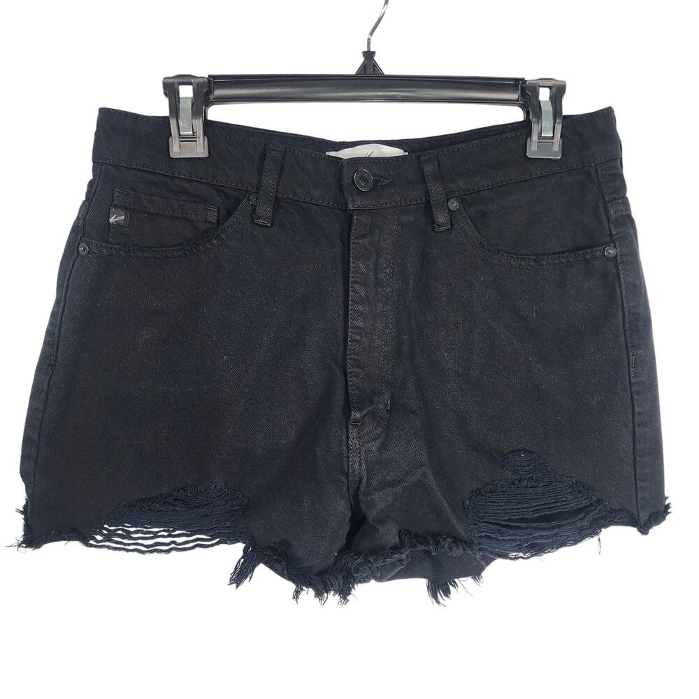 KanCan Women Ivanna Mom Jean Short High Rise Large Denim Raw Hem Distress Black